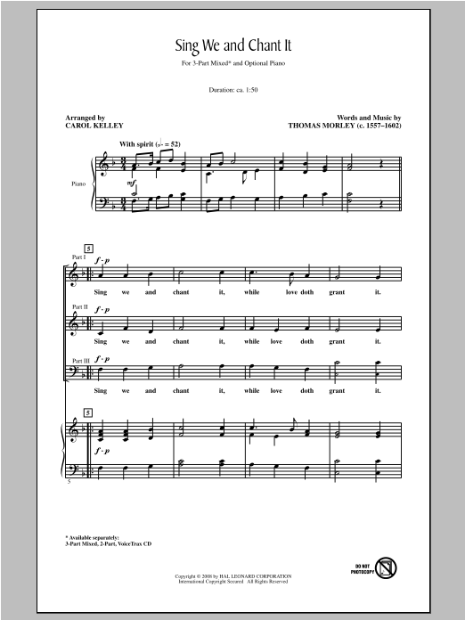 Download Thomas Morley Sing We And Chant It (arr. Carol Kelley Sheet Music