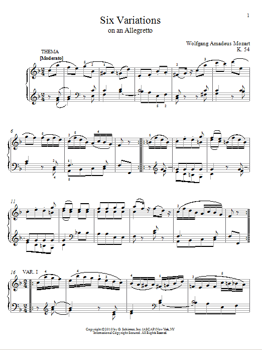 Download Wolfgang Amadeus Mozart Six Variations on An Allegretto, K. 54 Sheet Music