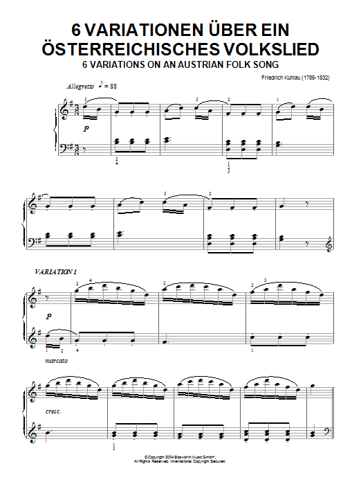 Download Friedrich Kuhlau Six Variations On An Austrian Folk Song Sheet Music