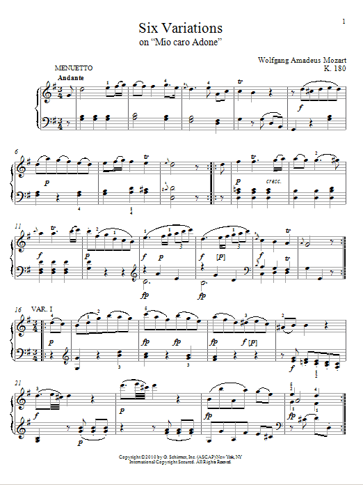 Download Wolfgang Amadeus Mozart Six Variations on Mio Caro Adone, K. 18 Sheet Music