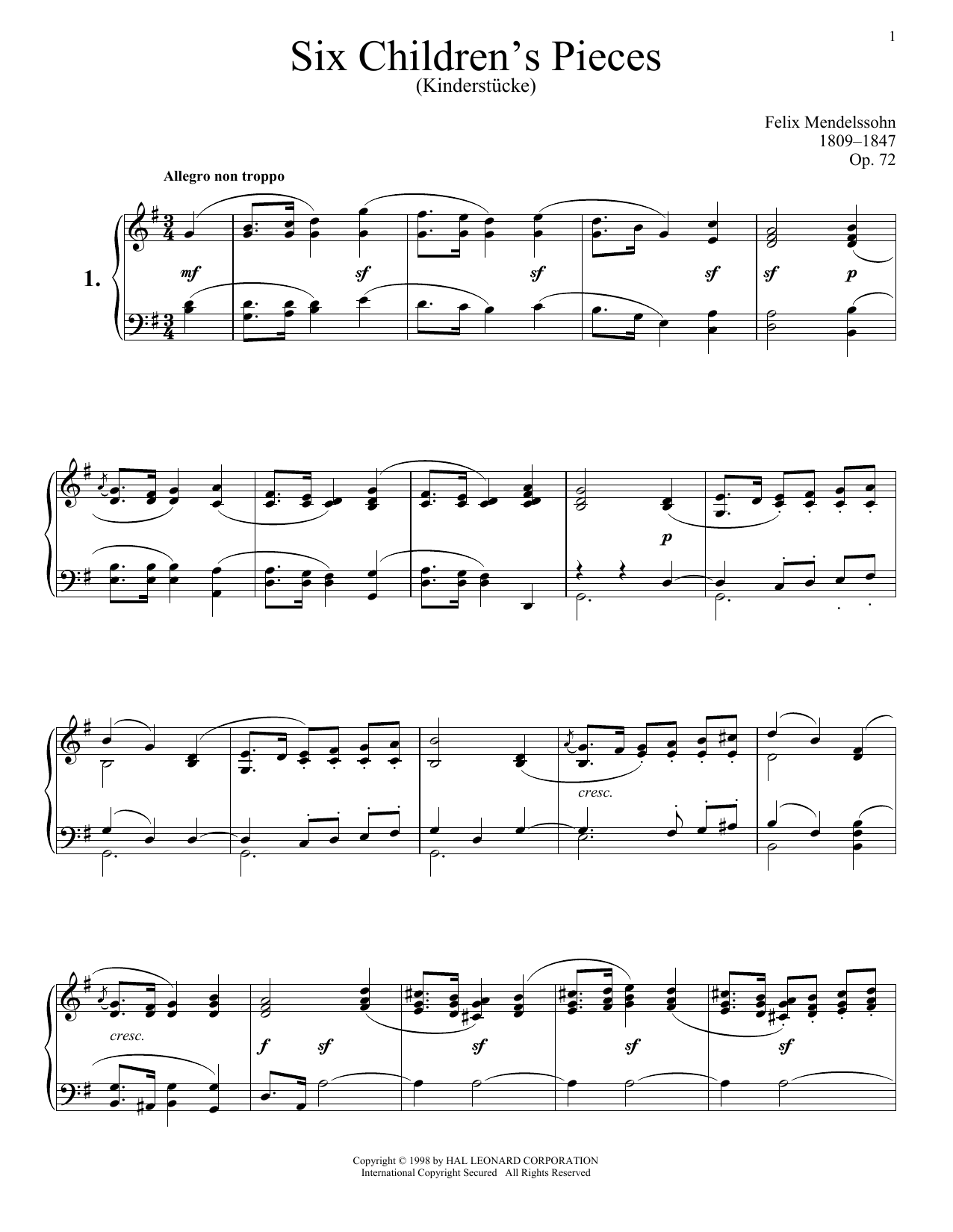 Download Felix Mendelssohn Six Children's Pieces (Kinderstucke), O Sheet Music