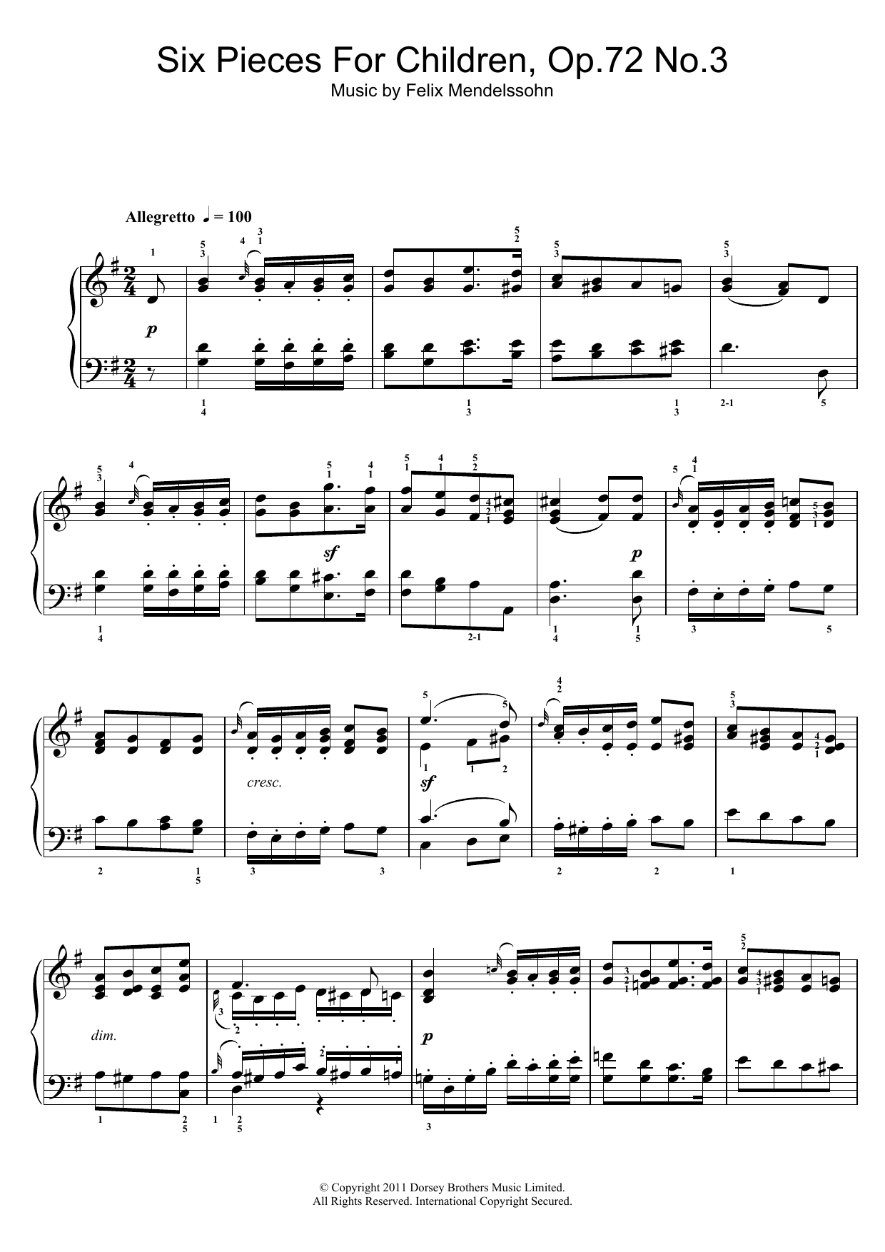 Download Felix Mendelssohn Six Pieces For Children, Op.72 No.3 Sheet Music