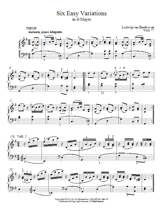 Download Ludwig Van Beethoven Six Variations In G Major, WoO 77 Sheet Music