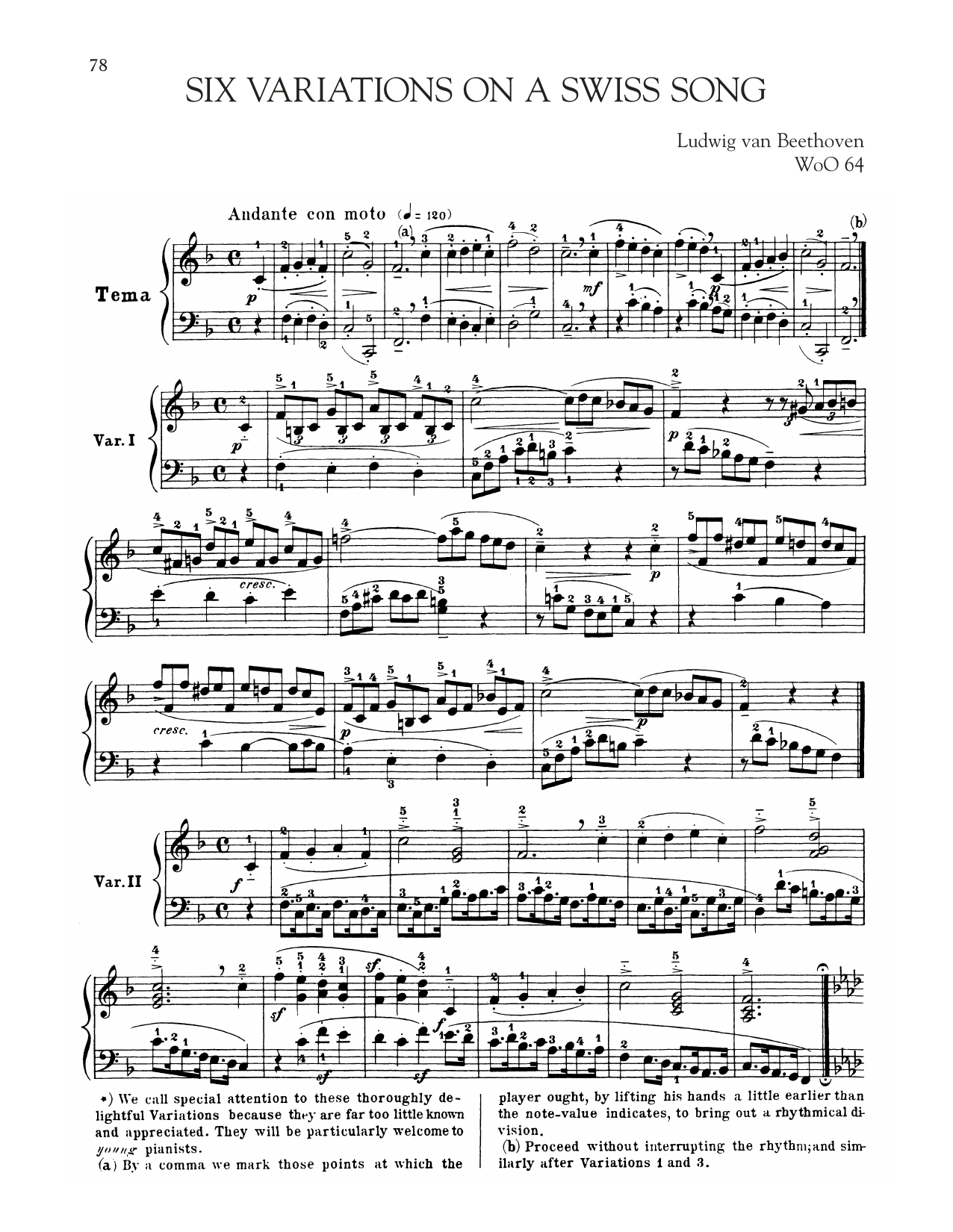 Download Ludwig van Beethoven Six Variations On A Swiss Song, WoO 64 Sheet Music