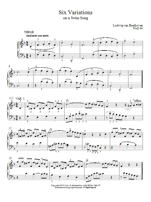 Download Ludwig van Beethoven Six Variations On A Swiss Song In F Maj Sheet Music