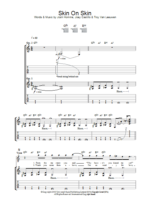 Download Queens Of The Stone Age Skin On Skin Sheet Music