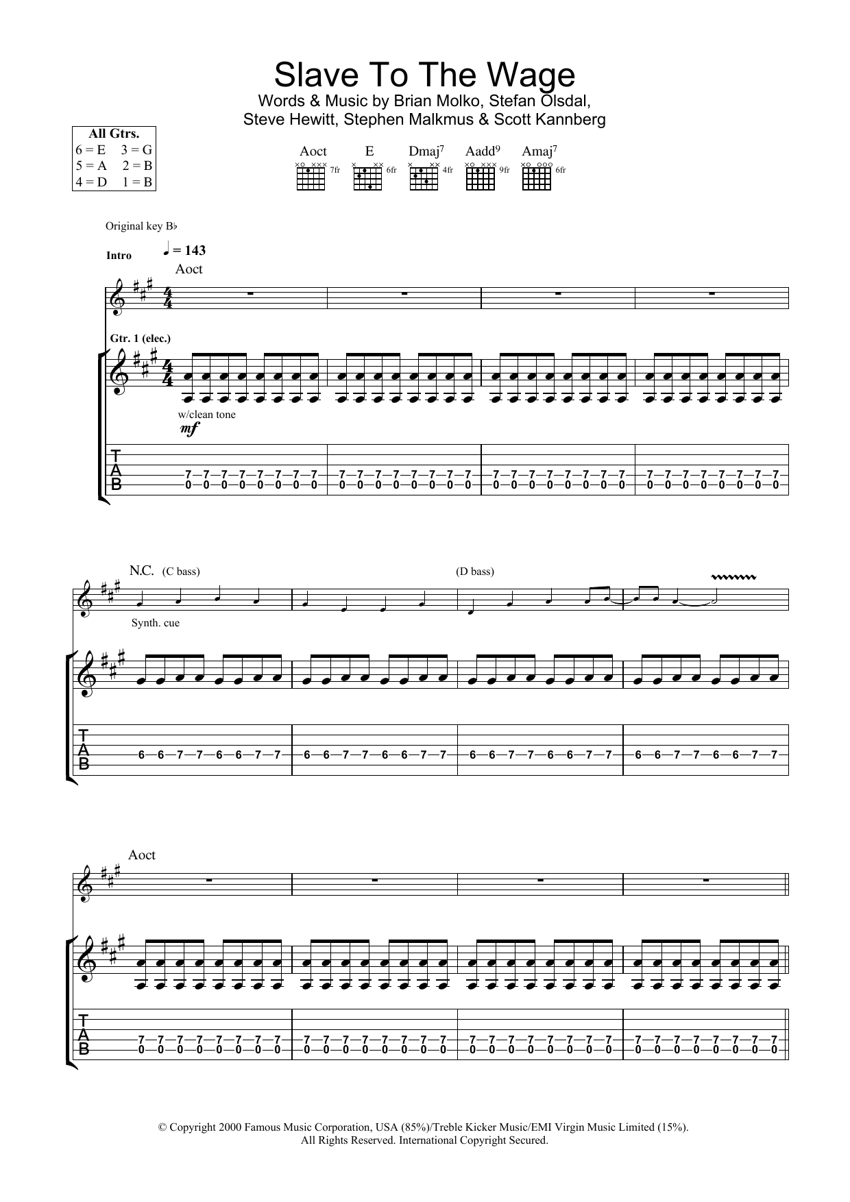 Download Placebo Slave To The Wage Sheet Music