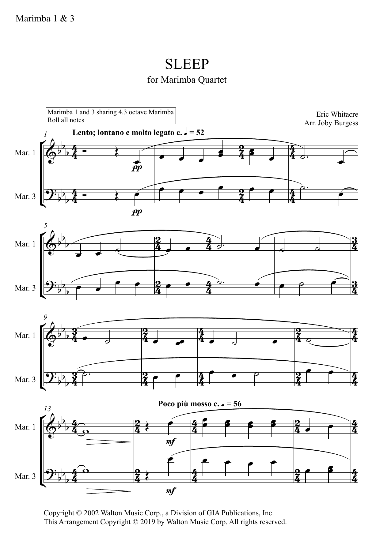 Download Eric Whitacre Sleep for Marimba Quartet (arr. Joby Bu Sheet Music