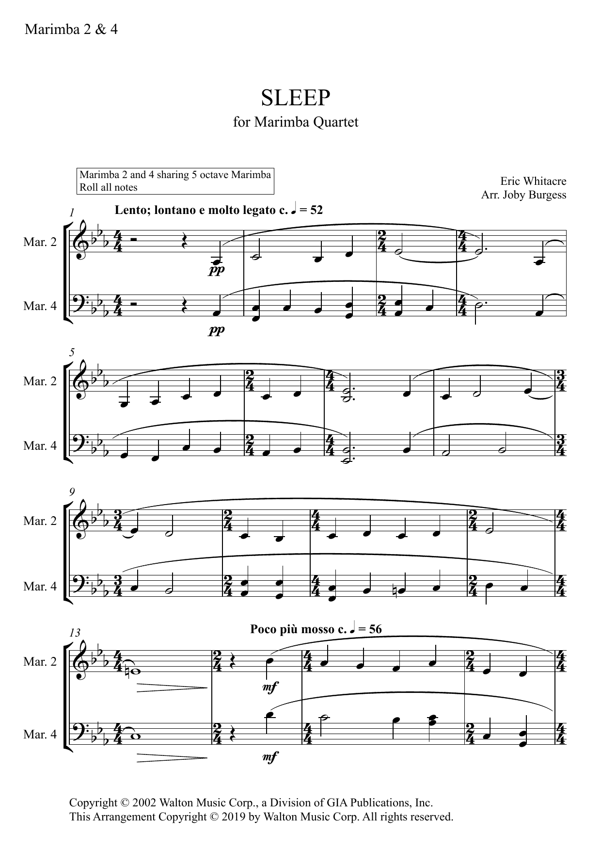 Download Eric Whitacre Sleep for Marimba Quartet (arr. Joby Bu Sheet Music