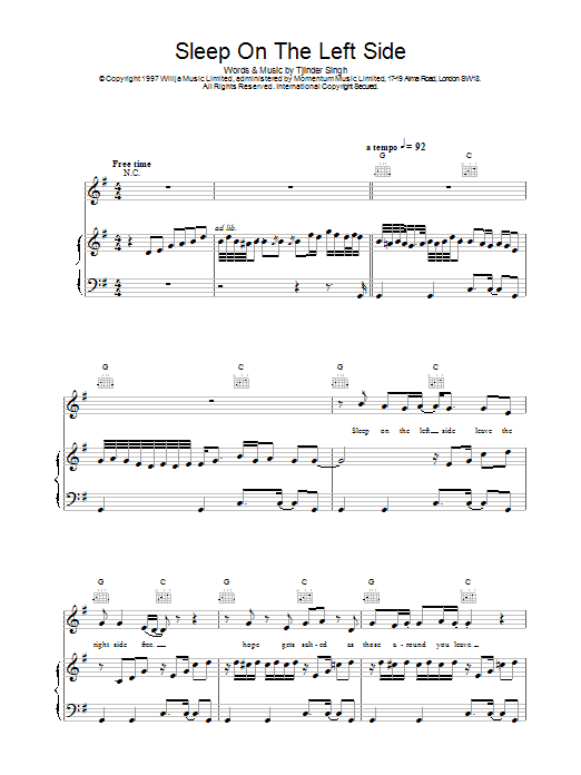 Cornershop Sleep On The Left Side sheet music notes printable PDF score
