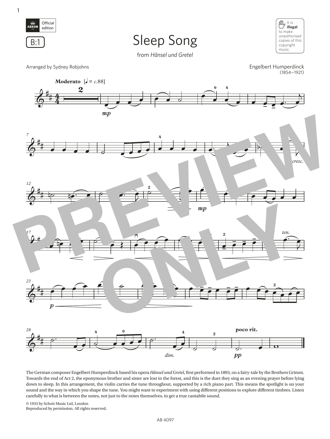 Download Engelbert Humperdinck Sleep Song (Grade 3, B1, from the ABRSM Sheet Music