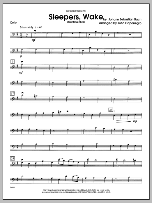 Download Caponegro Sleepers, Wake (Cantata #140) - Cello Sheet Music