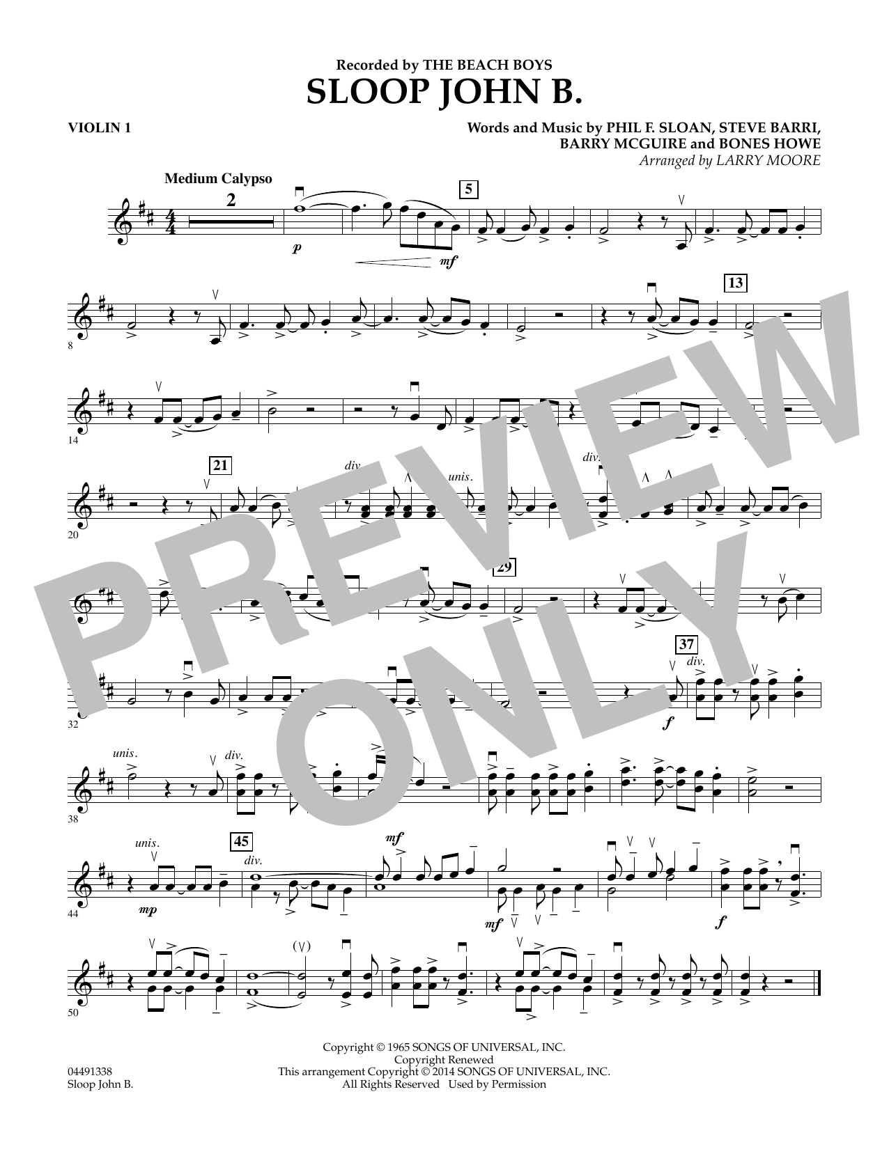 Download Larry Moore Sloop John B - Violin 1 Sheet Music