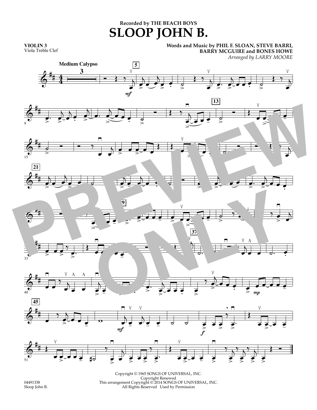 Download Larry Moore Sloop John B - Violin 3 (Viola T.C.) Sheet Music