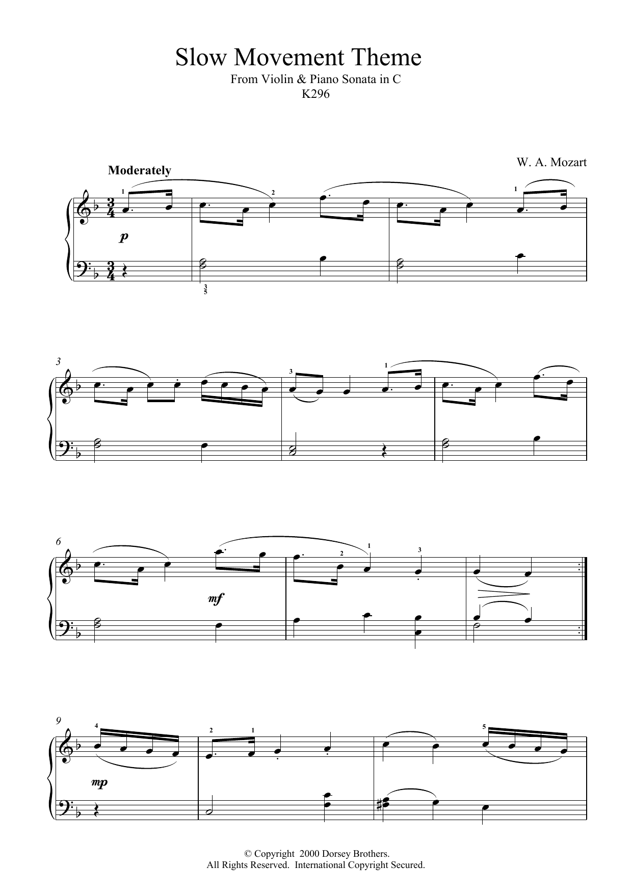 Download Wolfgang Amadeus Mozart Slow Movement Theme from Violin & Piano Sheet Music