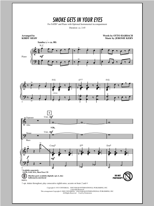 Download Jerome Kern Smoke Gets In Your Eyes (arr. Kirby Sha Sheet Music