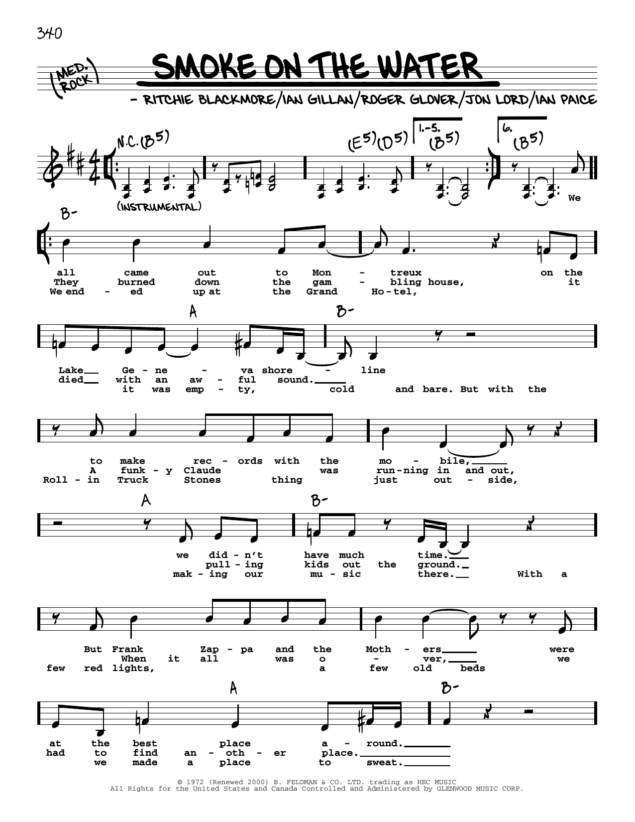 Download Deep Purple Smoke On The Water (Low Voice) Sheet Music
