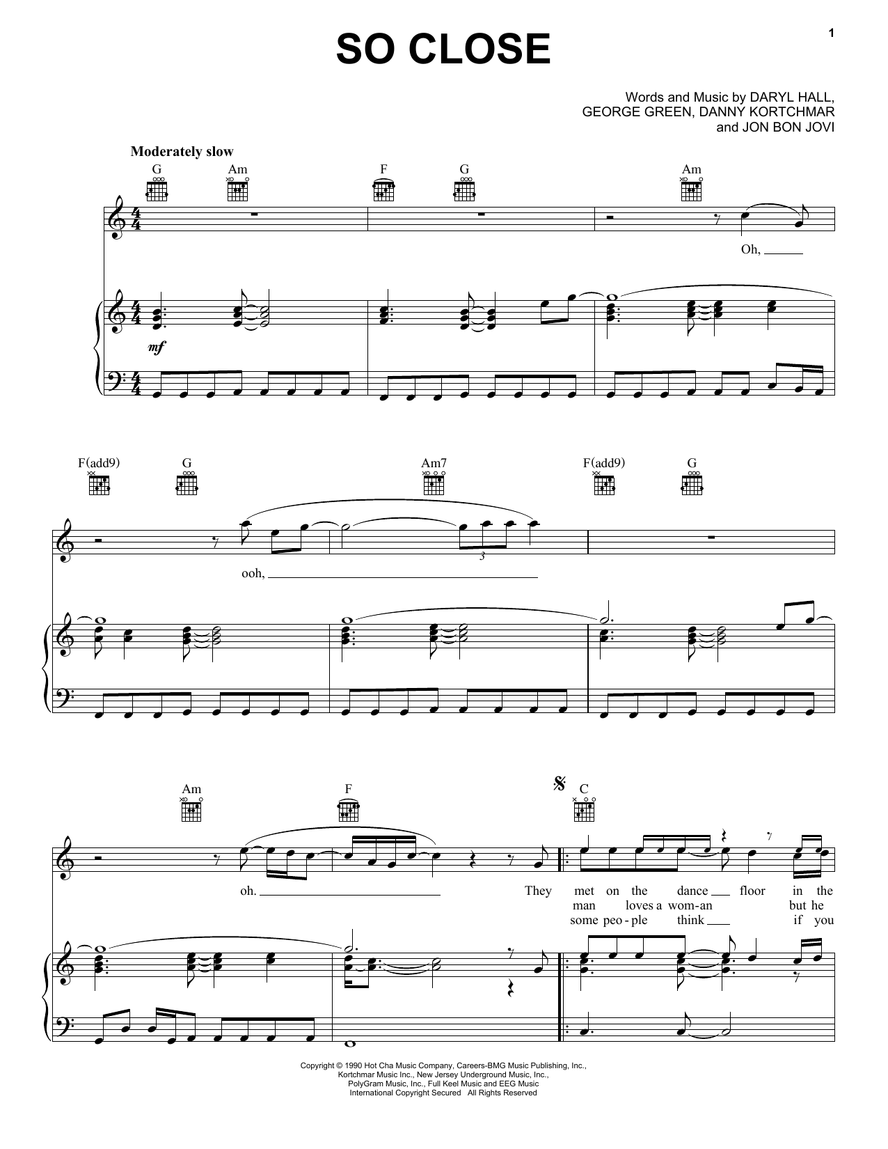 Download Hall & Oates So Close Sheet Music