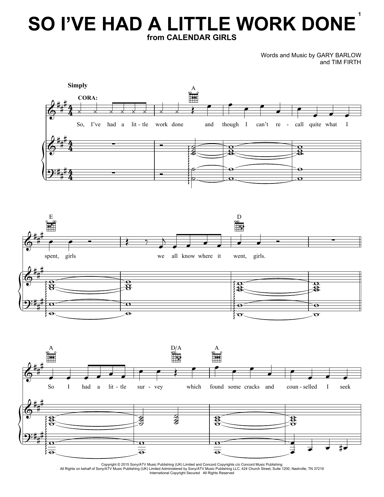 Download Gary Barlow and Tim Firth So I've Had A Little Work Done (from Ca Sheet Music