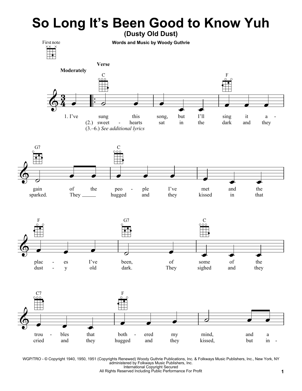 Download Woody Guthrie So Long It's Been Good To Know Yuh (Dus Sheet Music