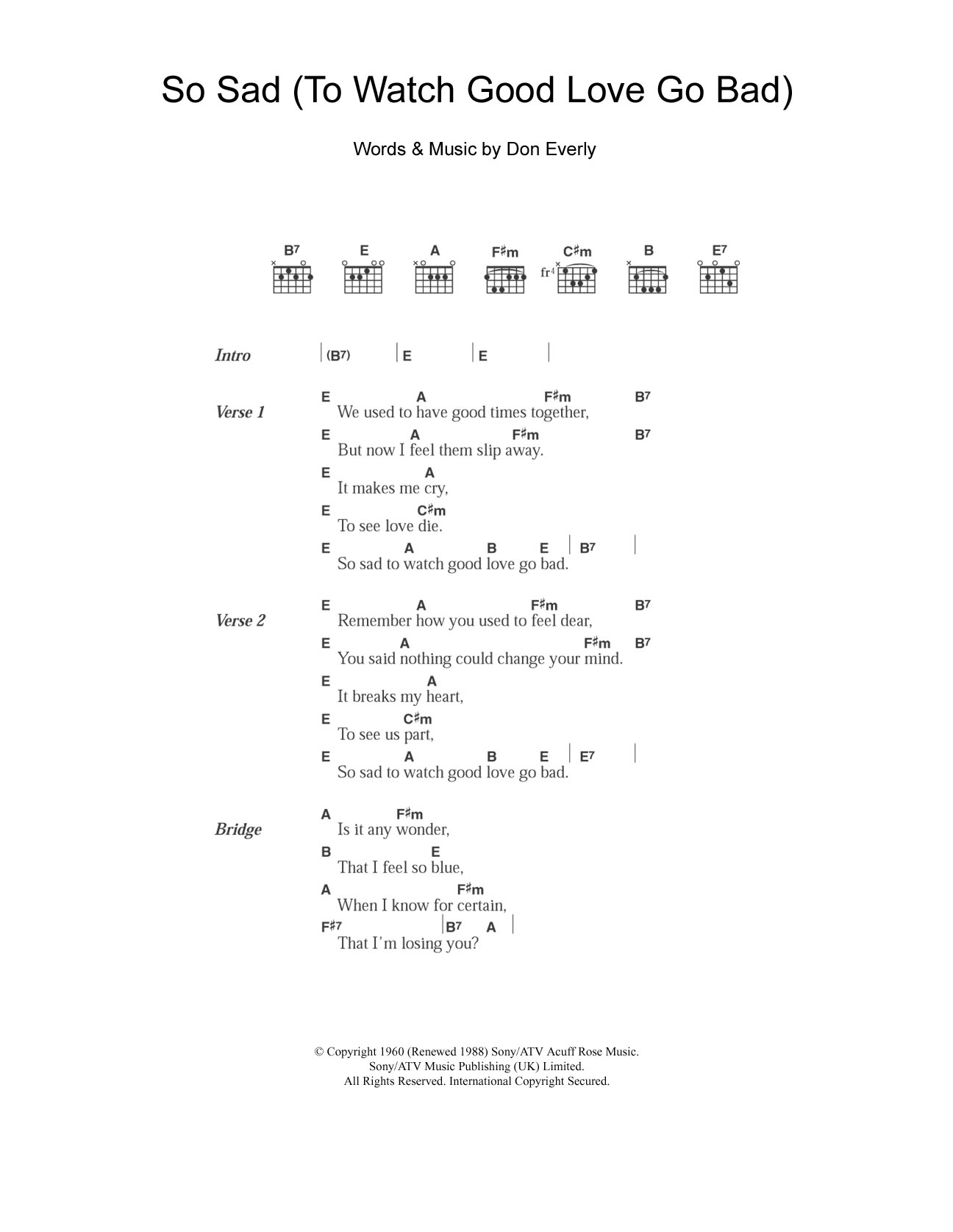 Download The Everly Brothers So Sad (To Watch Good Love Go Bad) Sheet Music