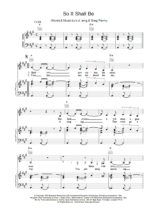 k.d. lang So It Shall Be sheet music notes printable PDF score