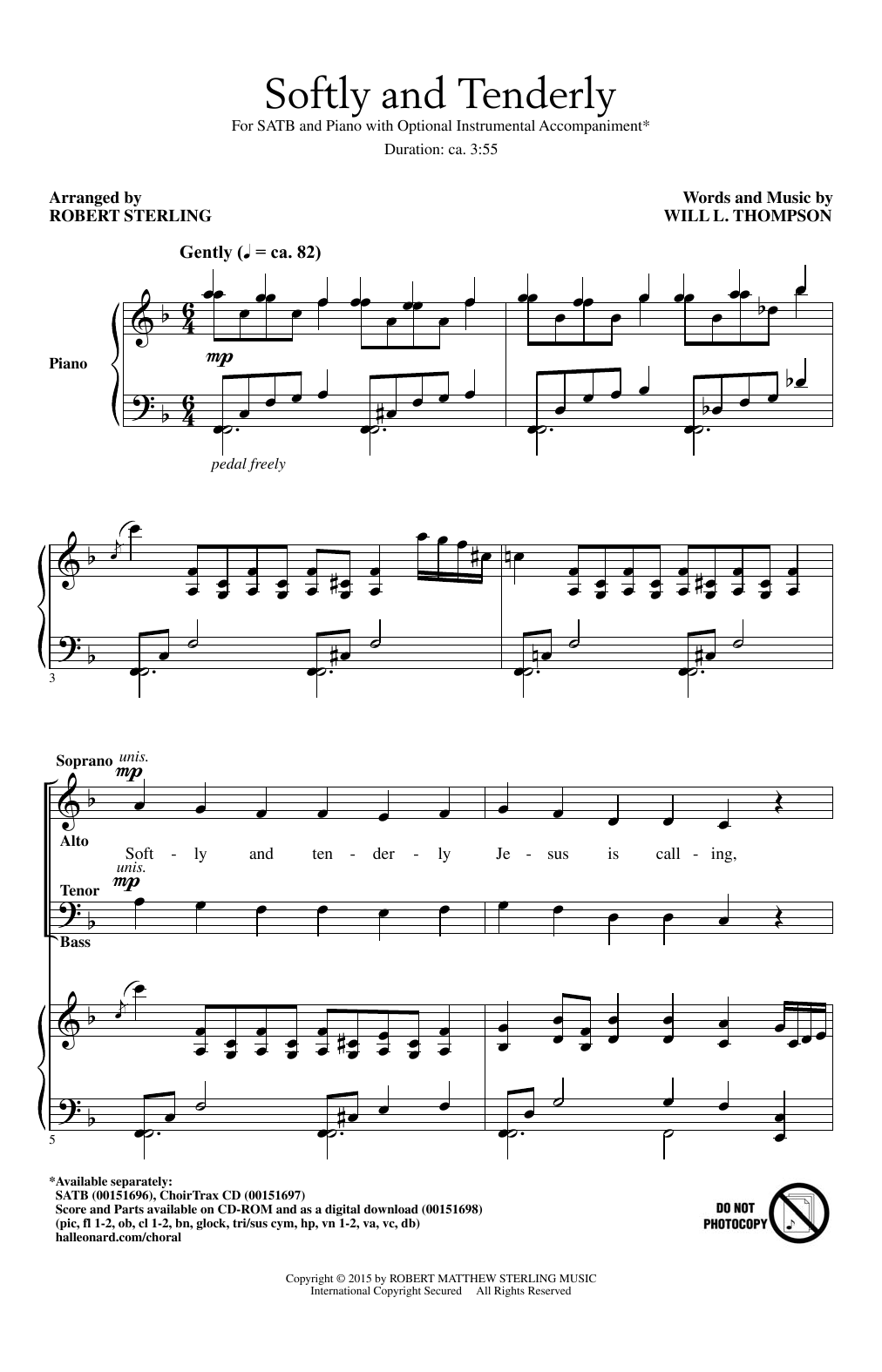 Download Will L. Thompson Softly And Tenderly (arr. Robert Sterli Sheet Music