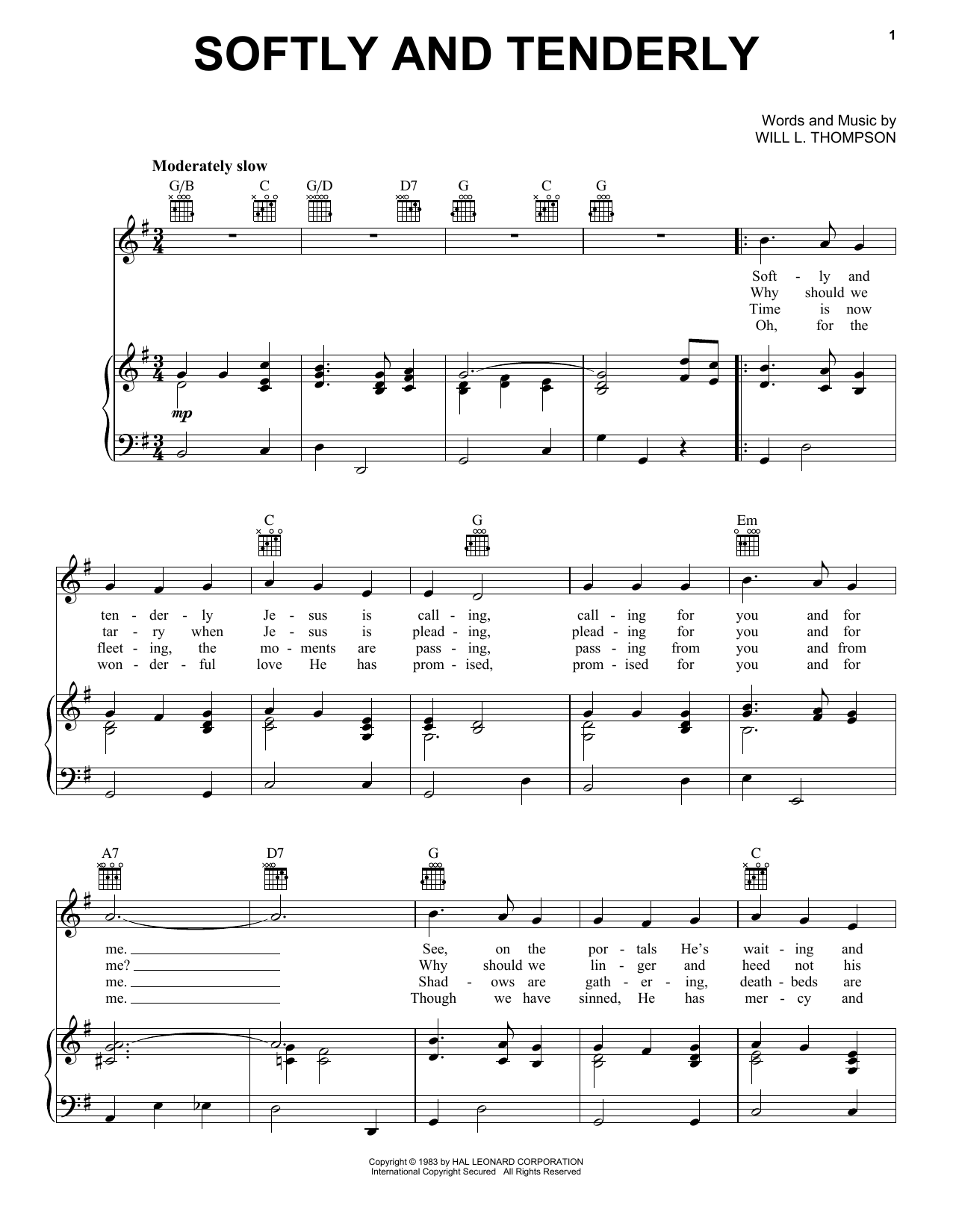 Will L. Thompson Softly And Tenderly sheet music notes printable PDF score