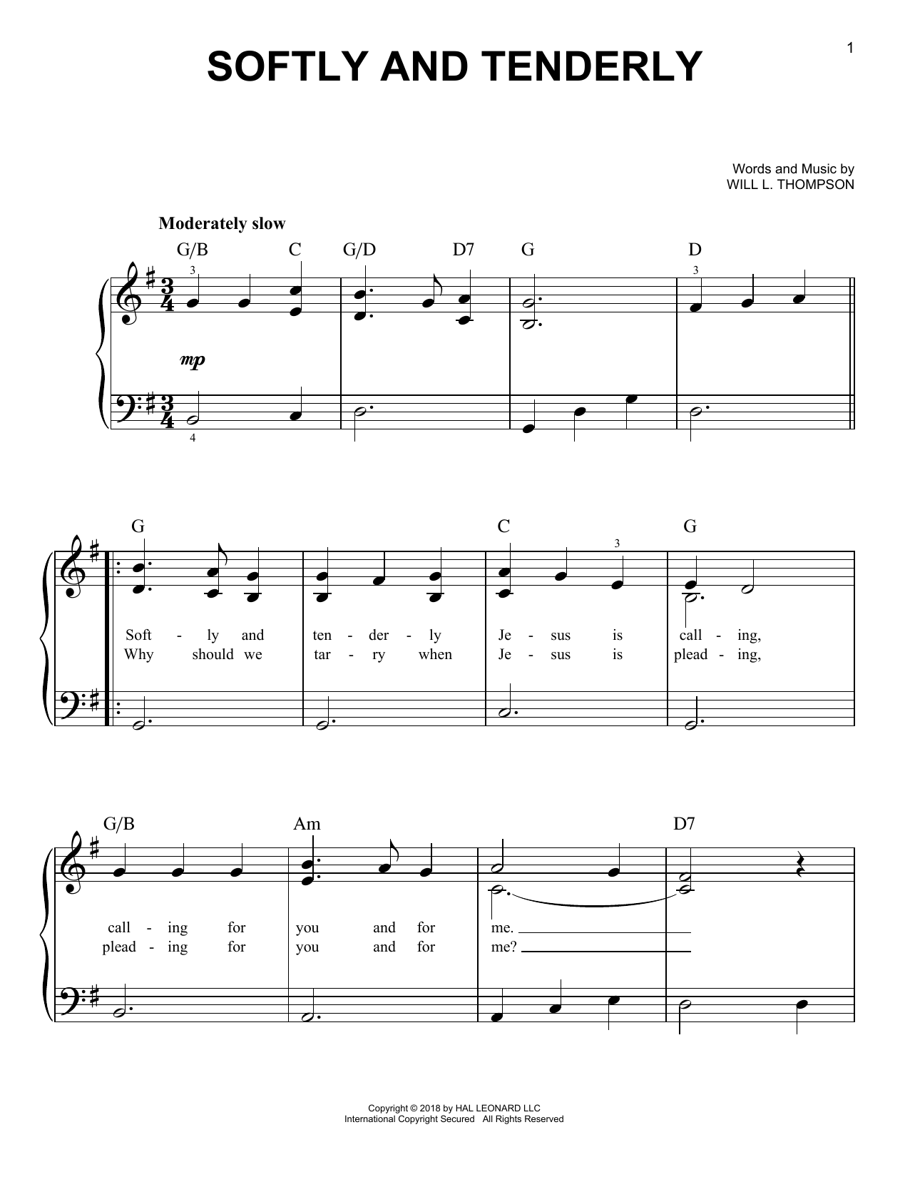 Download Will L. Thompson Softly And Tenderly Sheet Music