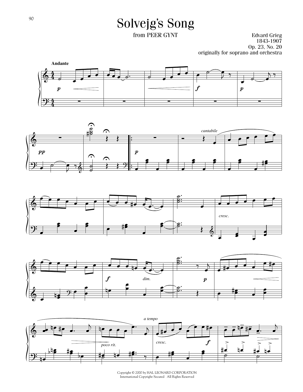 Edvard Grieg Solveig's Song sheet music notes printable PDF score