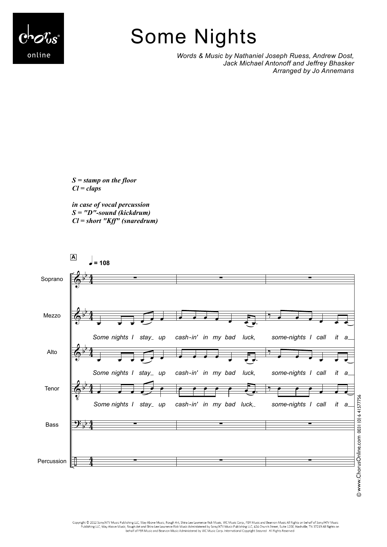 .fun Some Nights (arr. Jo Annemans) sheet music notes printable PDF score