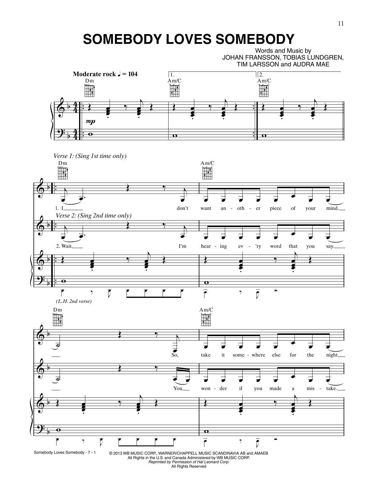Download CÉLINE DION Somebody Loves Somebody Sheet Music