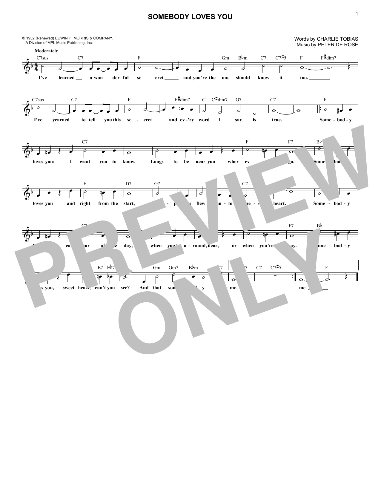Download Charlie Tobias and Peter De Rose Somebody Loves You Sheet Music