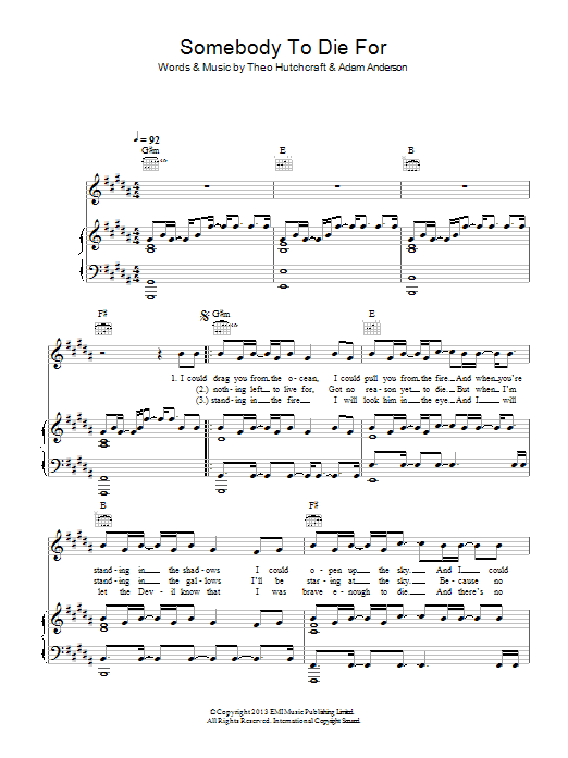 Download Hurts Somebody To Die For Sheet Music