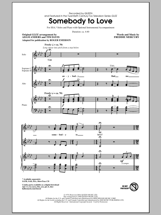 Download Glee Cast Somebody To Love (arr. Roger Emerson) Sheet Music