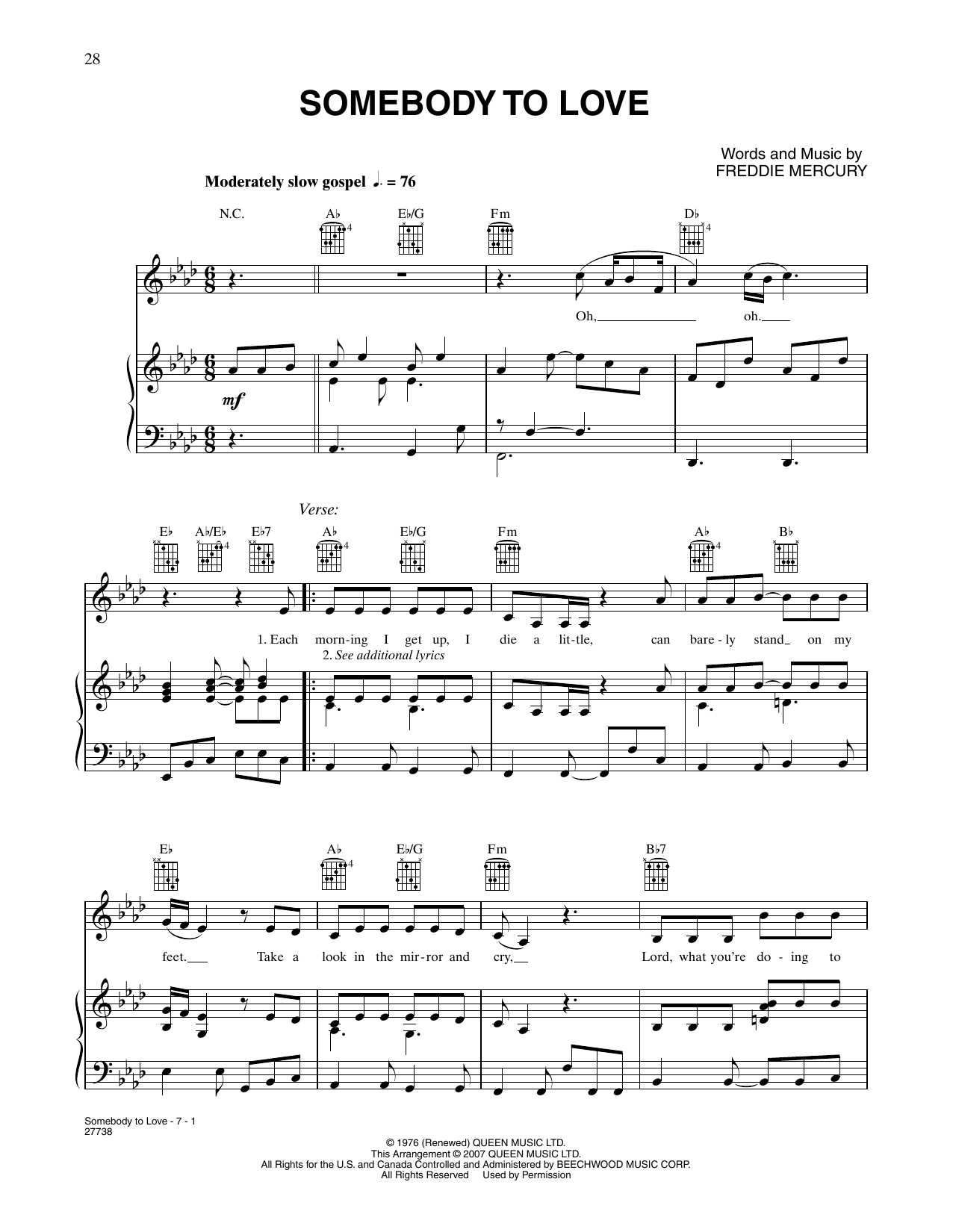 Download Queen Somebody To Love Sheet Music
