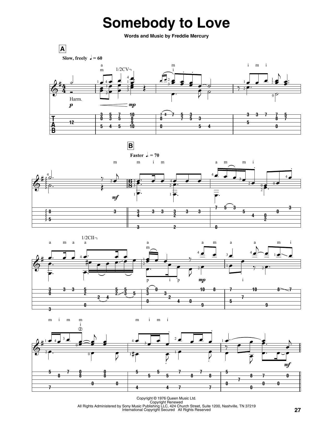 Download Queen Somebody To Love Sheet Music