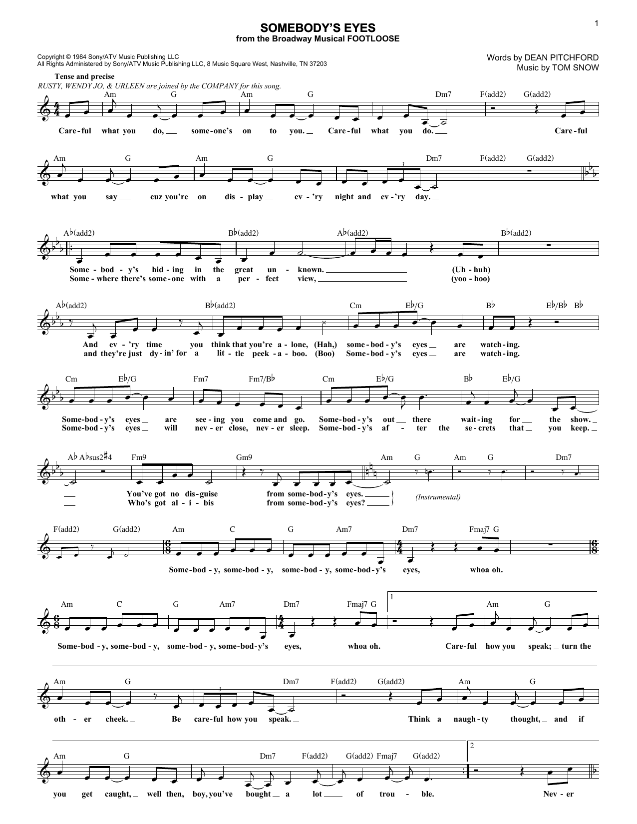 Download Dean Pitchford Somebody's Eyes Sheet Music