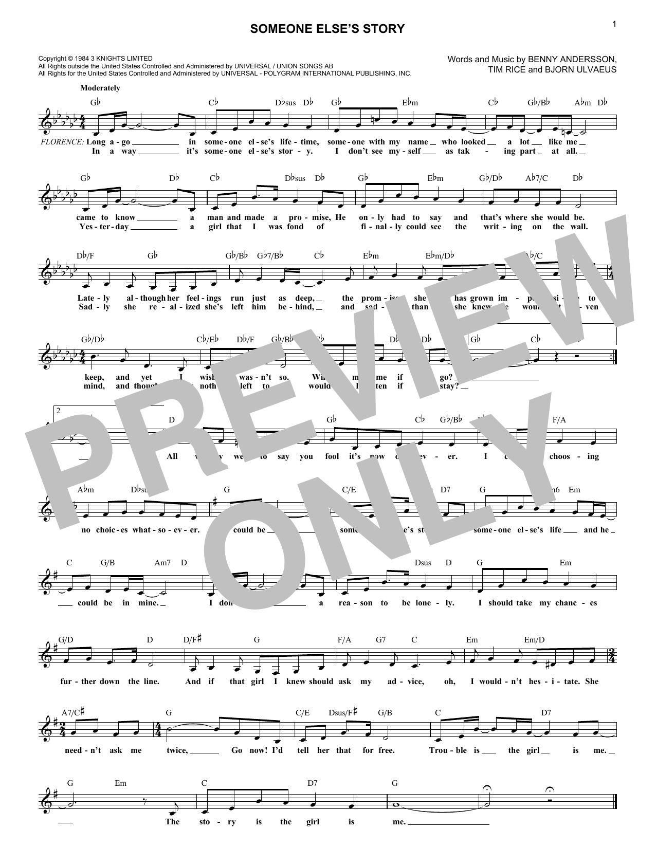 Download ANDERSSON And ULVAEUS Someone Else's Story (from Chess) Sheet Music