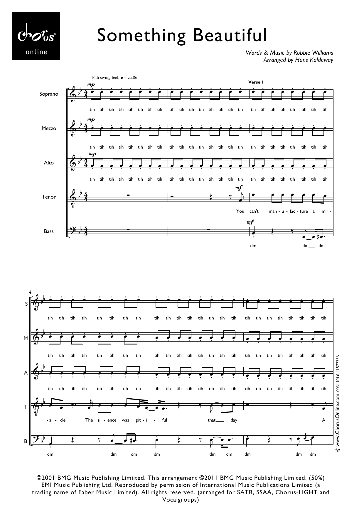Robbie Williams Something Beautiful (arr. Hans Kaldeway) sheet music notes printable PDF score