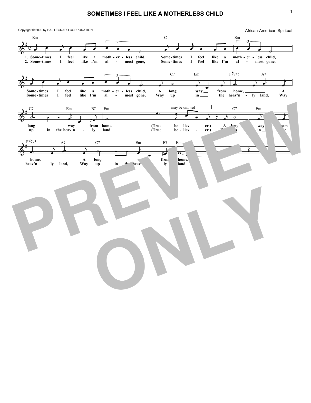 Download Traditional Sometimes I Feel Like A Motherless Chil Sheet Music
