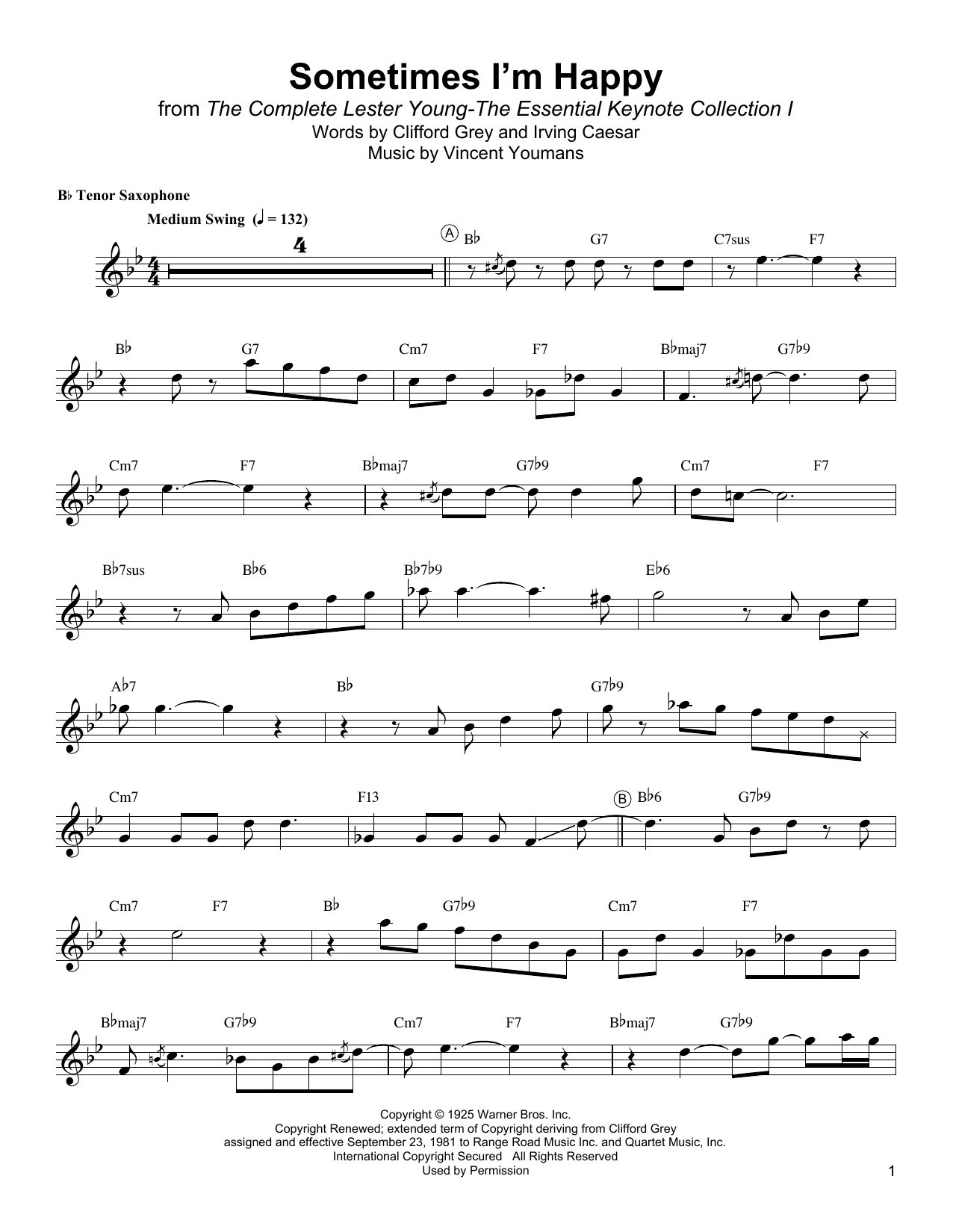 Download Lester Young Sometimes I'm Happy Sheet Music