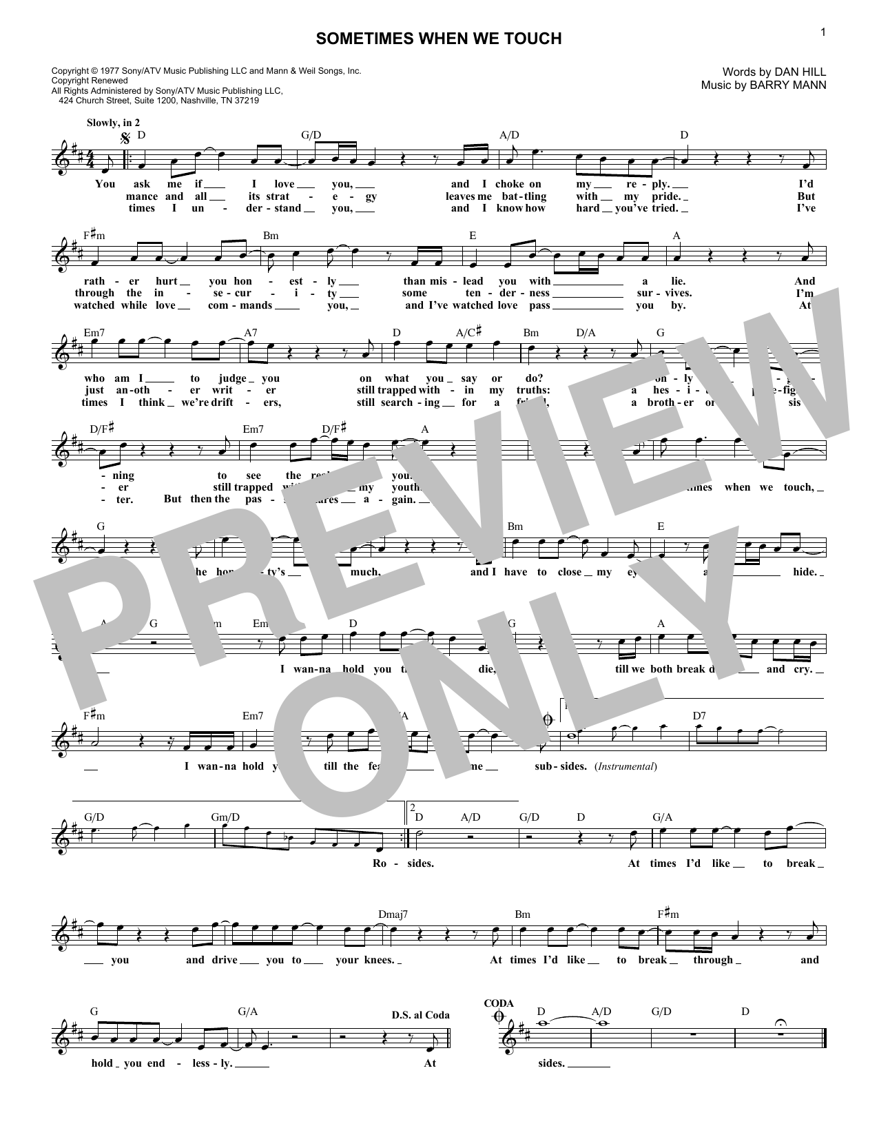 Download Dan Hill Sometimes When We Touch Sheet Music