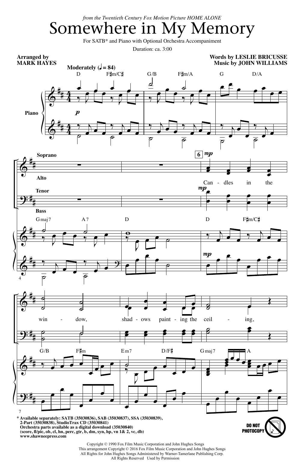 Download John Williams Somewhere In My Memory (Arr. Mark Hayes Sheet Music