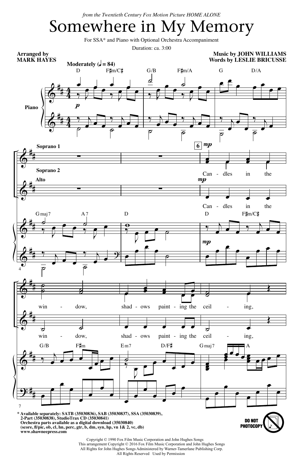 Download John Williams Somewhere In My Memory (arr. Mark Hayes Sheet Music