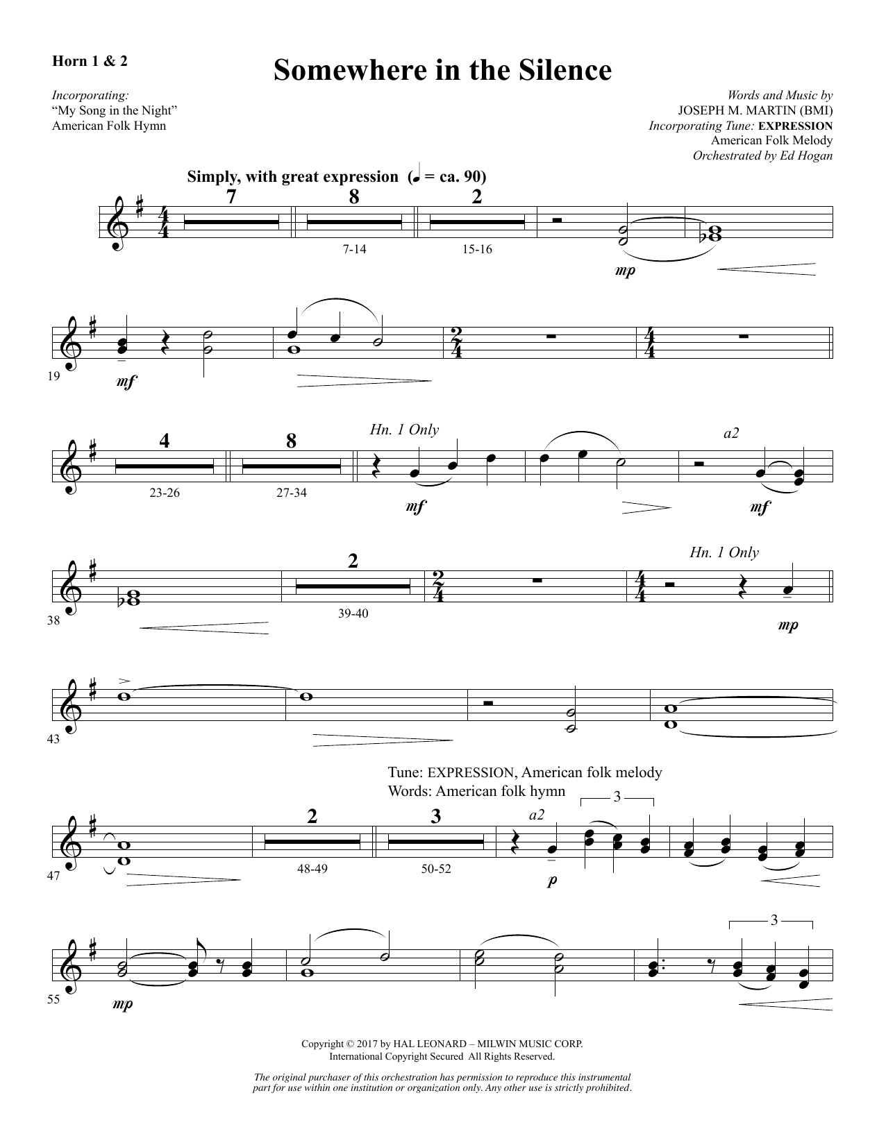 Download Joseph M. Martin Somewhere in the Silence - F Horn 1 & 2 Sheet Music