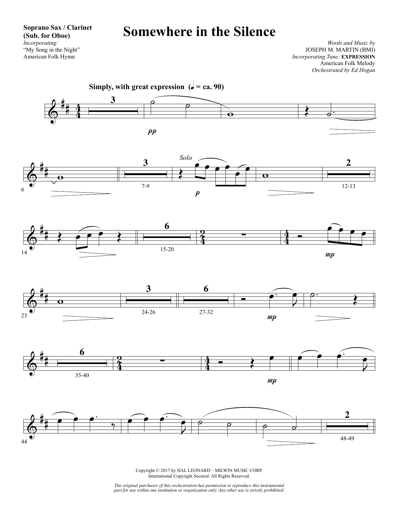 Download Joseph M. Martin Somewhere in the Silence - Soprano Sax/ Sheet Music