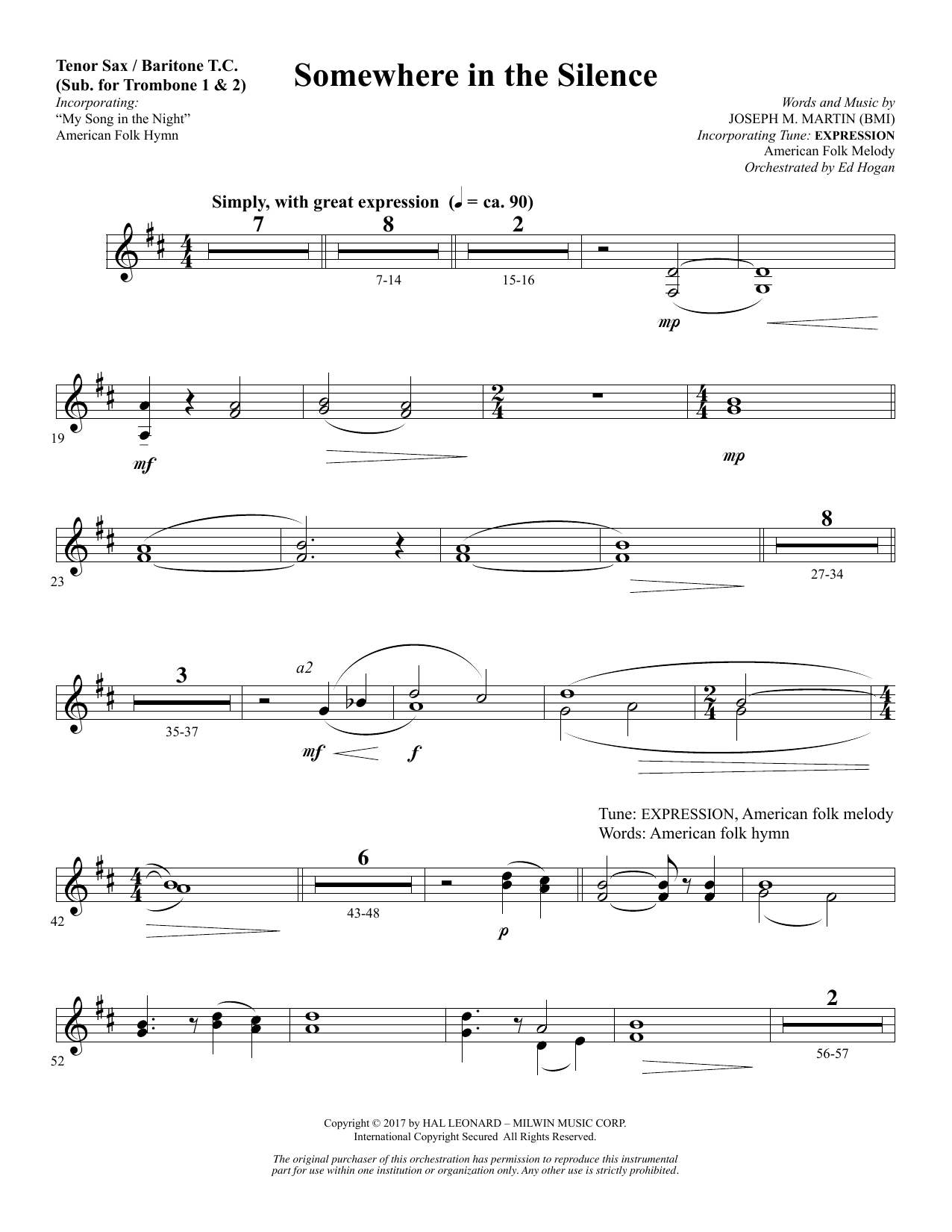 Download Joseph M. Martin Somewhere in the Silence - Tenor Sax/Ba Sheet Music