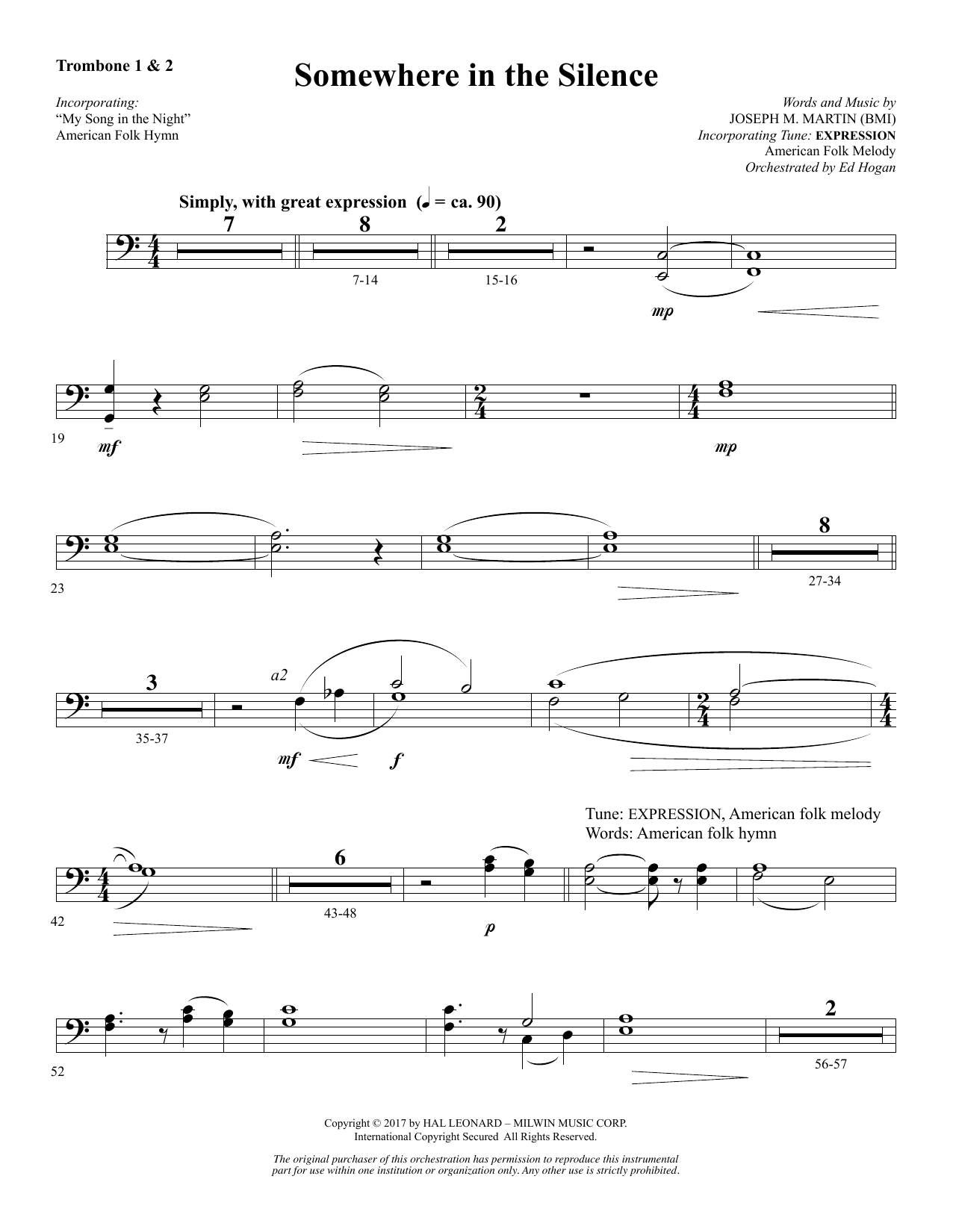 Download Joseph M. Martin Somewhere in the Silence - Trombone 1 & Sheet Music