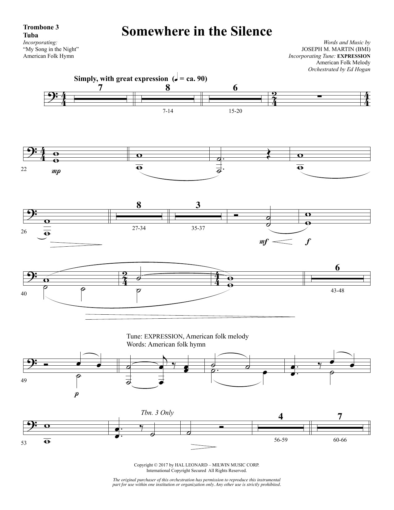 Download Joseph M. Martin Somewhere in the Silence - Trombone 3/T Sheet Music